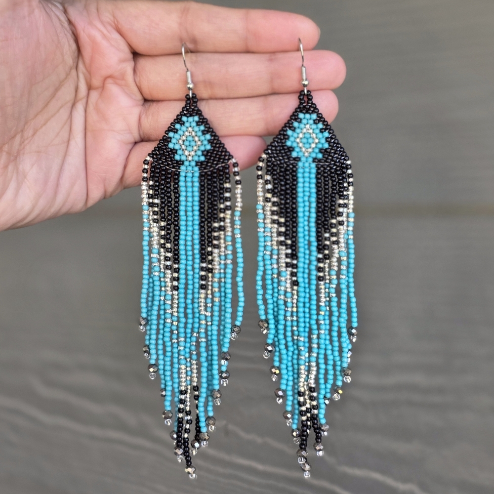 Kai Beaded Earrings Boho Fringe Southwestern Handmade Jewelry Blue